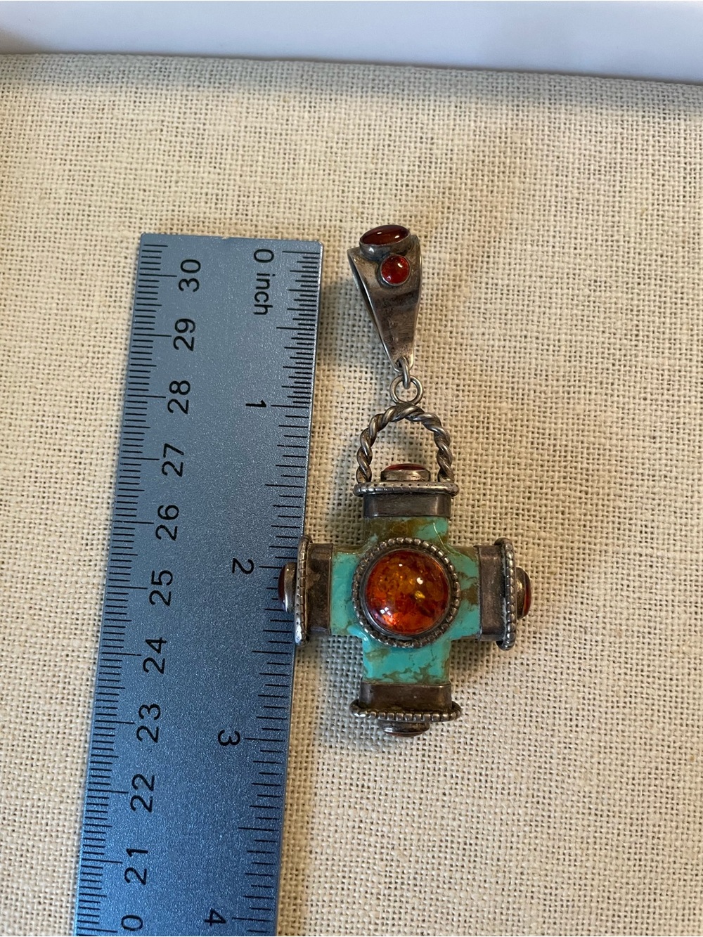 LARGE Reversible Sterling Silver, Turquoise, and Amber Cross Pendant - Picture 8 of 12